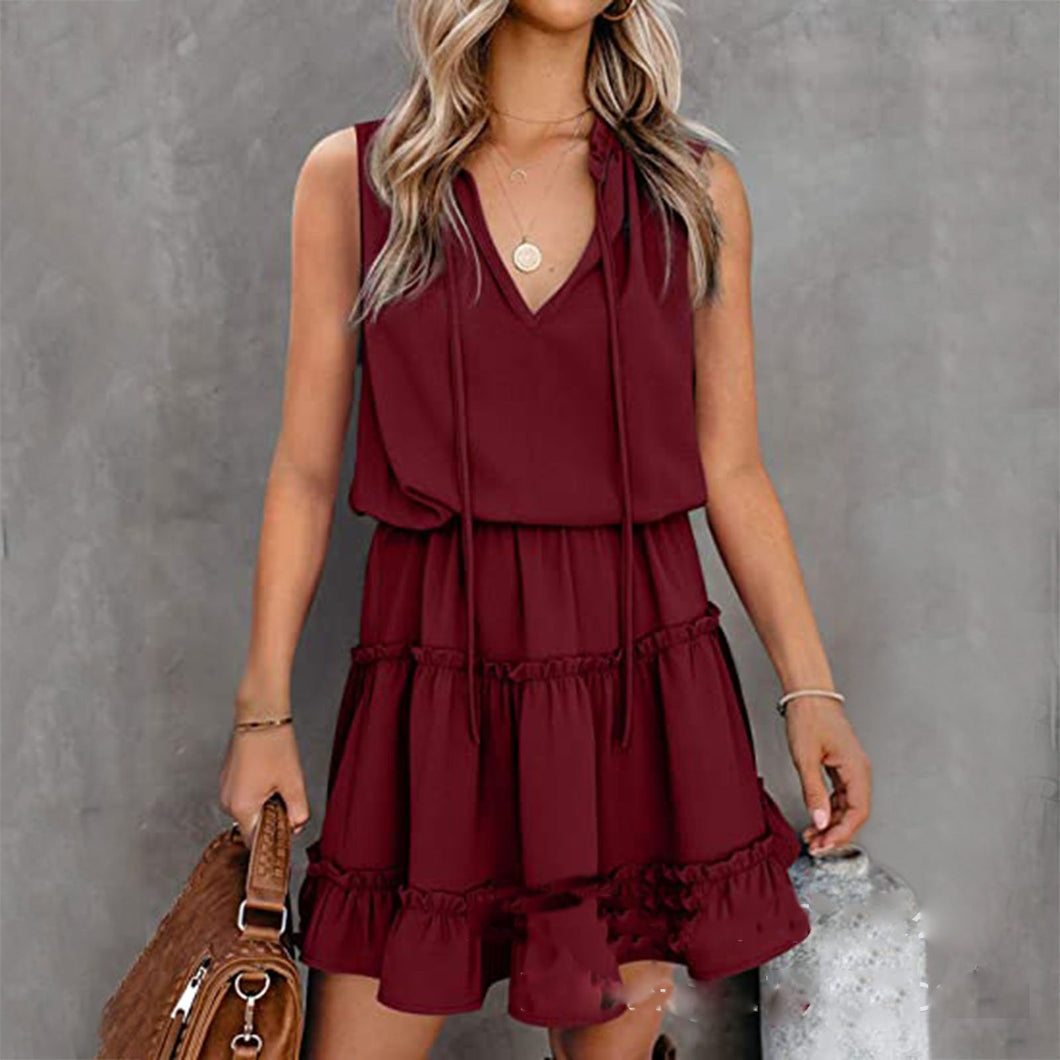 Casual V-Neck Sleeveless Folds Design Mini Dress