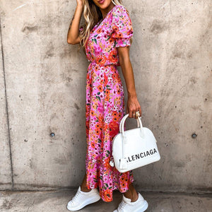 V-Neck Floral Printed Vacation Casual Dress