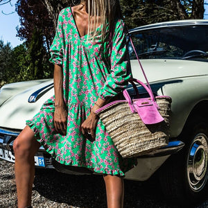 Long Sleeve V Neck Floarl Printed Loose Dress