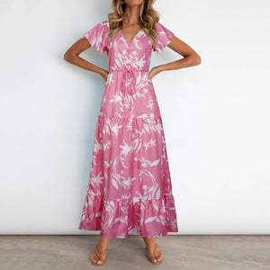 Summer V Neck Floarl Printed Lace Up Maxi Dress