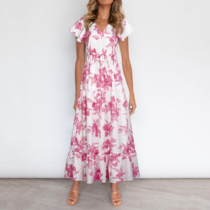 Summer V Neck Floarl Printed Lace Up Maxi Dress