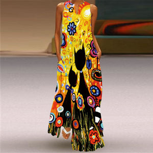 V-Neck Vintage Printed Maxi Dress