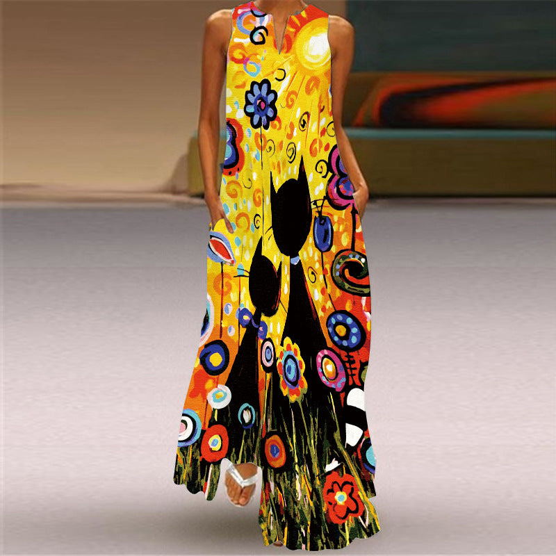V-Neck Vintage Printed Maxi Dress