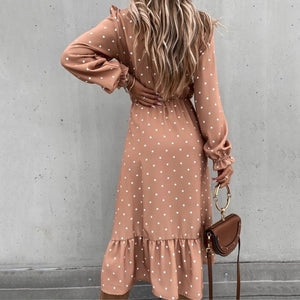 V-Neck Long Sleeve Polka Dot print Maxi Dress