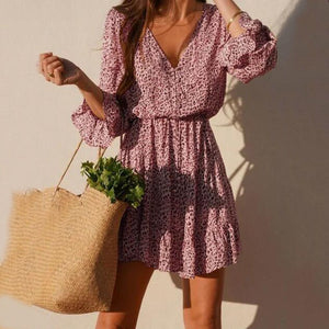 Flared Sleeve Printed V-Neck Buttoned Dress
