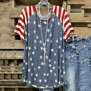 Short Sleeve Striped Stitching Star Printed Tops