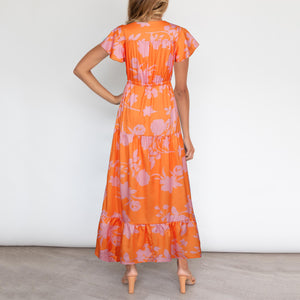 Summer V Neck Floarl Printed Lace Up Maxi Dress