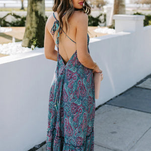 V Neck Sling Printed Holiday Maxi Dress