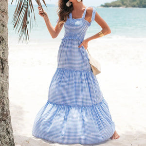 Elegant Slim Plaid Sling Maxi Dress