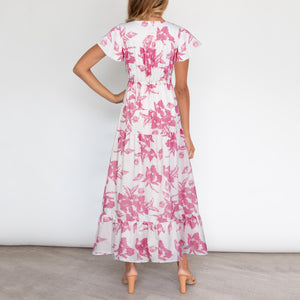 Summer V Neck Floarl Printed Lace Up Maxi Dress