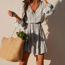 Load image into Gallery viewer, Flared Sleeve Printed V-Neck Buttoned Dress
