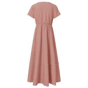 V Neck Polka Dot Short Sleeved Maxi Dress
