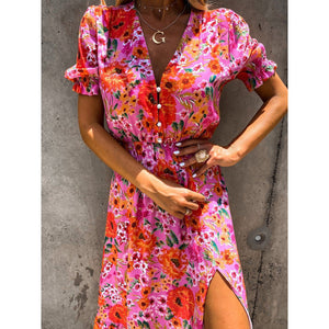 V-Neck Floral Printed Vacation Casual Dress
