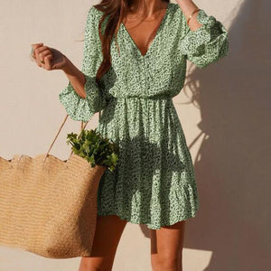 Flared Sleeve Printed V-Neck Buttoned Dress