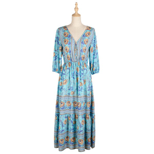 Bohemian Floral Printed V-Neck High Waist Maxi Dress