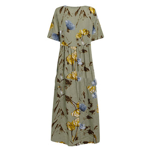 Cotton And Linen Print Round Neck Dress