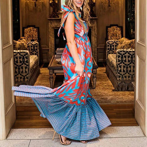 Elegant Lace Up Printed Maxi Dress