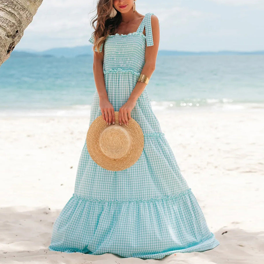 Elegant Slim Plaid Sling Maxi Dress