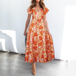 Summer V Neck Floarl Printed Lace Up Maxi Dress