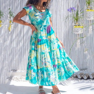Printed Short Sleeve Stitching High Waist Maxi Dress