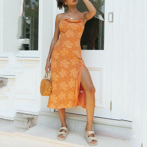 Fashion Floral Printed Slim-Fit Slit Sling Maxi Dress