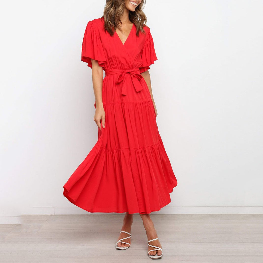 Elegant V-Neck Short Sleeve Maxi Dress