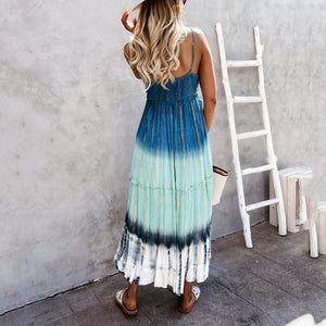 Tie Dye V Neck Halter Sling Maxi Dress