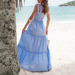Elegant Slim Plaid Sling Maxi Dress
