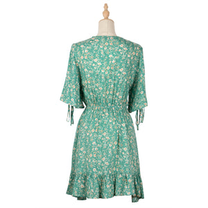Spring Summer Floral Printed V-Neck Dress