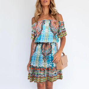 Bohemian Style Printed Off Shoulder Dress