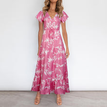 Load image into Gallery viewer, Summer V Neck Floarl Printed Lace Up Maxi Dress
