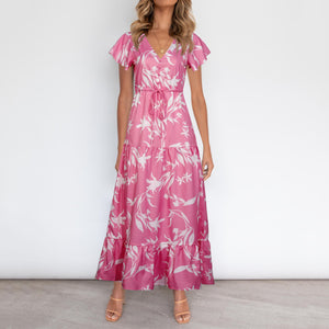 Summer V Neck Floarl Printed Lace Up Maxi Dress