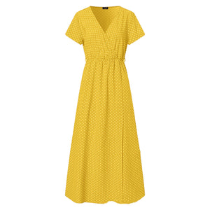 V Neck Polka Dot Short Sleeved Maxi Dress