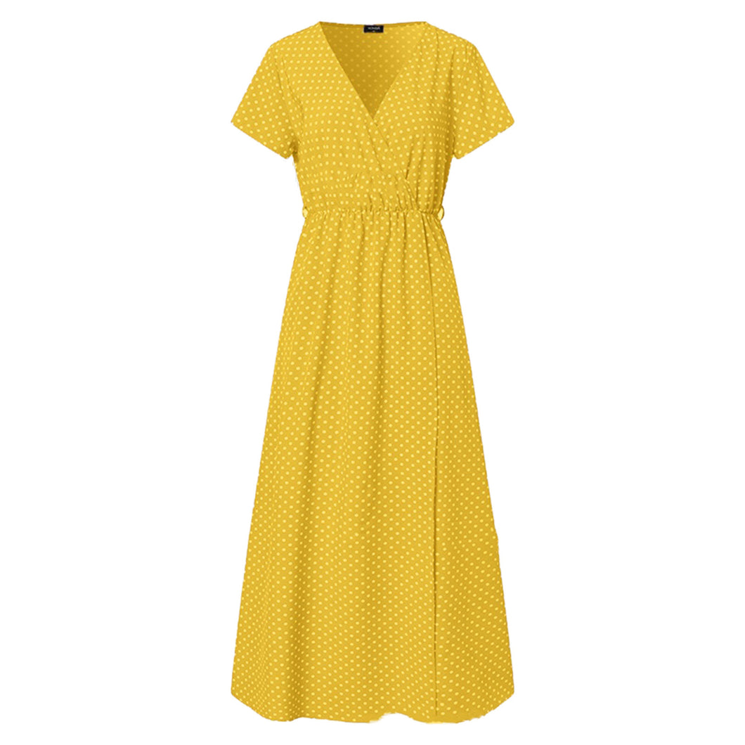 V Neck Polka Dot Short Sleeved Maxi Dress