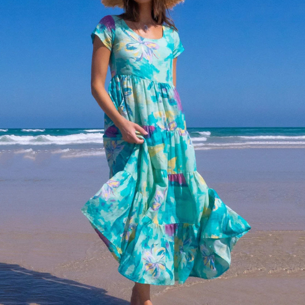 Printed Short Sleeve Stitching High Waist Maxi Dress