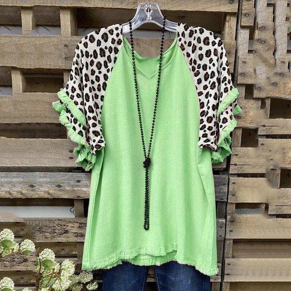 Leopard Printed Ruffle Short Sleeve Stitching Tops