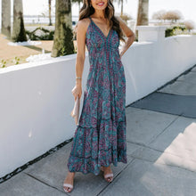 Load image into Gallery viewer, V Neck Sling Printed Holiday Maxi Dress
