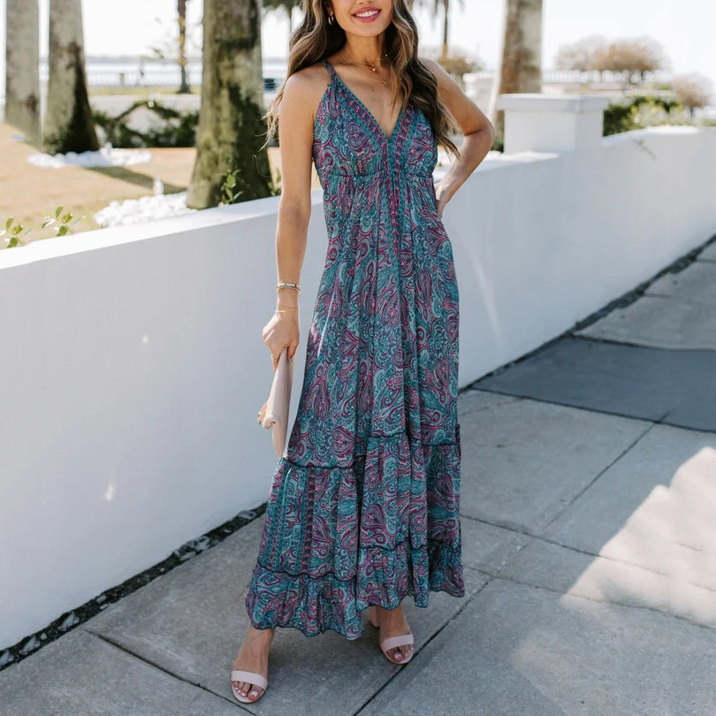 V Neck Sling Printed Holiday Maxi Dress