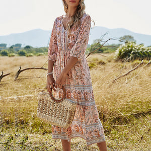 Bohemian Floral Printed V-Neck High Waist Maxi Dress