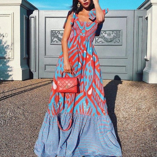 Elegant Lace Up Printed Maxi Dress