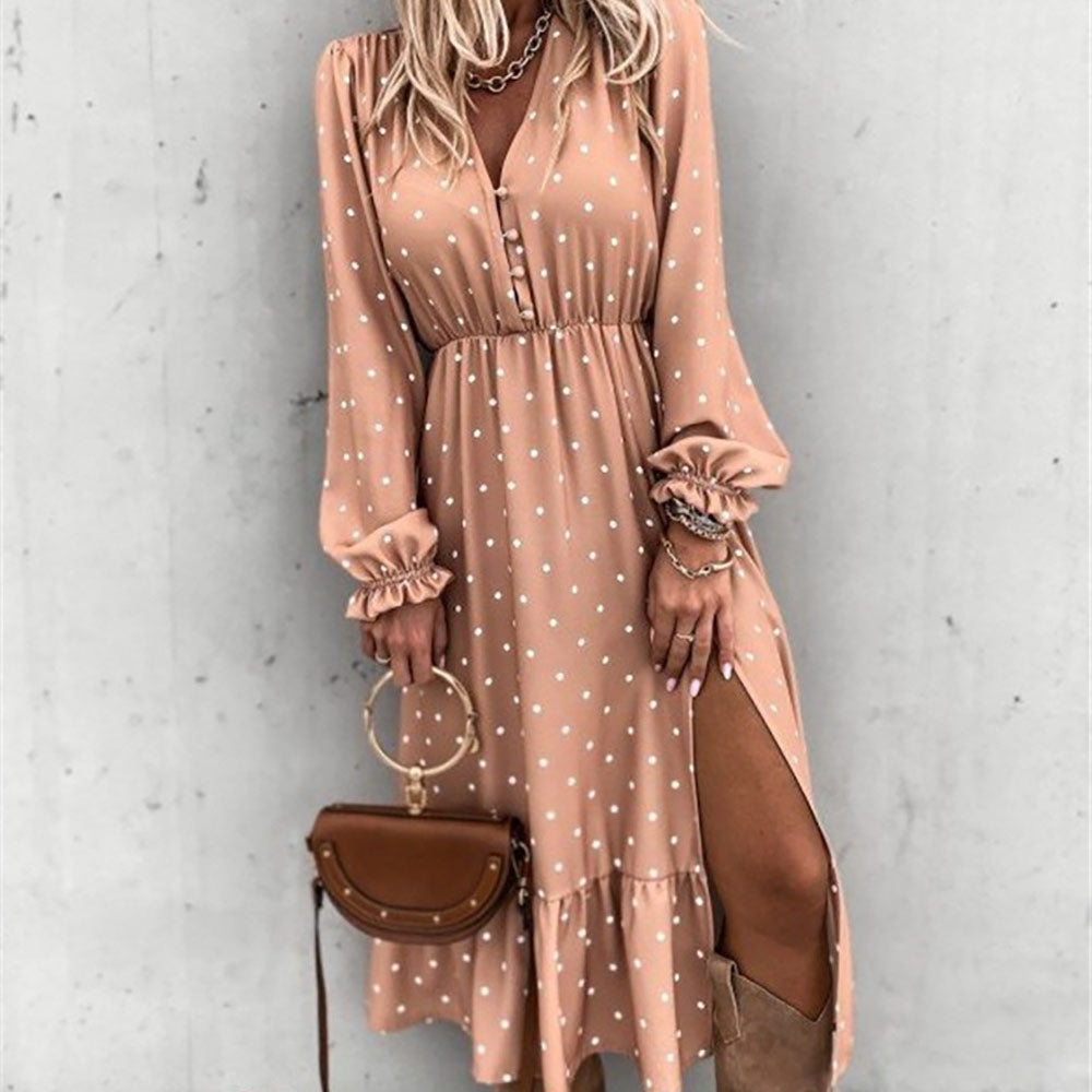 V-Neck Long Sleeve Polka Dot print Maxi Dress