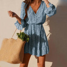Load image into Gallery viewer, Flared Sleeve Printed V-Neck Buttoned Dress
