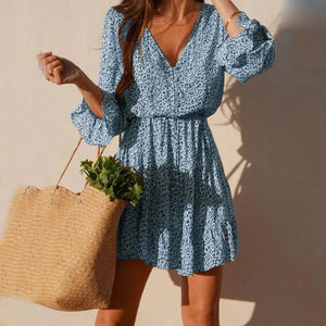 Flared Sleeve Printed V-Neck Buttoned Dress