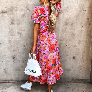 V-Neck Floral Printed Vacation Casual Dress