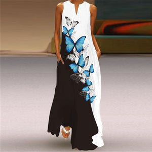 V-Neck Butterfly Printed Maxi Dress