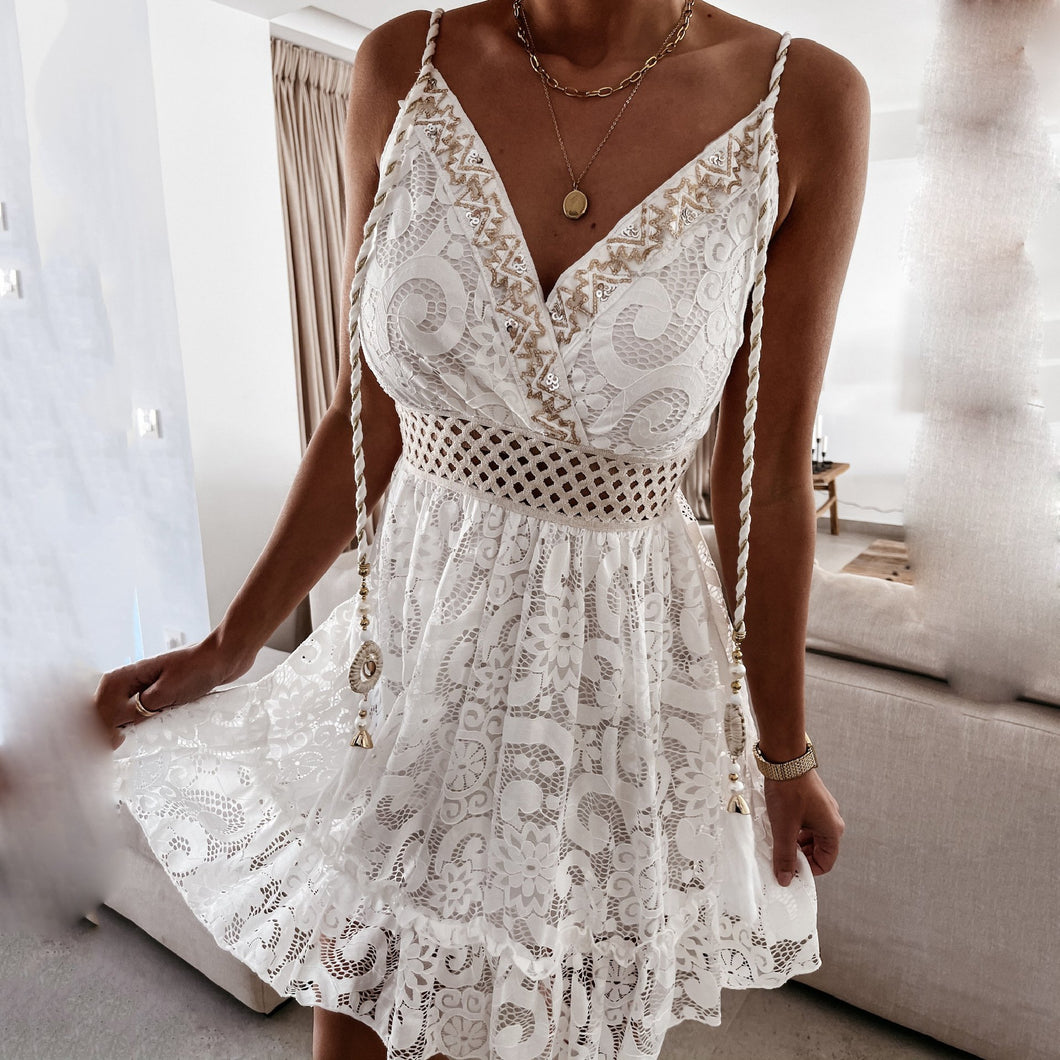 Sexy V-Neck Embroidered Lace Mini Dress