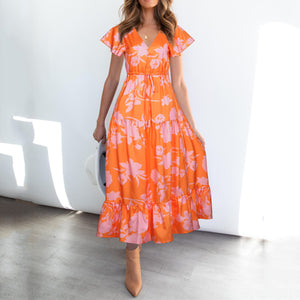 Summer V Neck Floarl Printed Lace Up Maxi Dress
