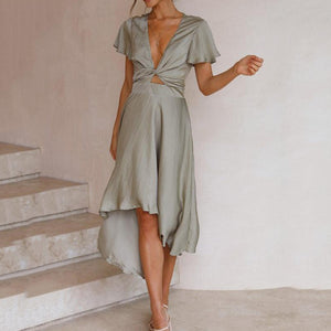 Short Sleeve V Neck Irregular Maxi Dress