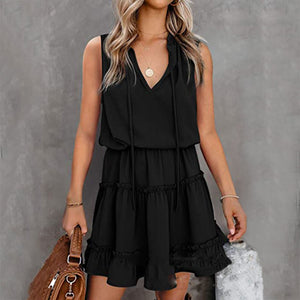 Casual V-Neck Sleeveless Folds Design Mini Dress