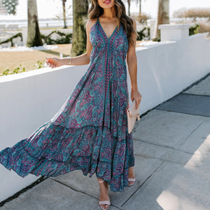 V Neck Sling Printed Holiday Maxi Dress